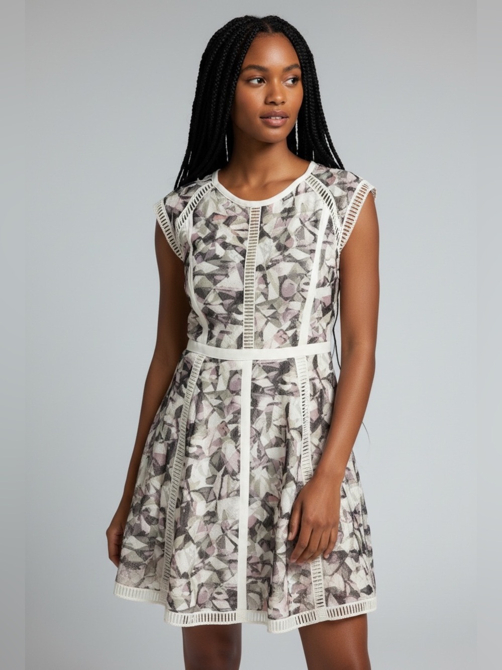 🟣 3/$15- Elegant Geometric Print Dress - White and Pink.
